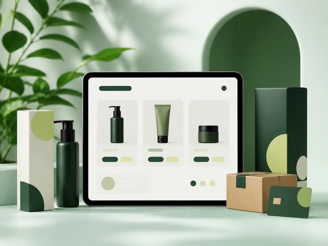 Moderný e-shop s produktmi, balíkom a platobnou kartou