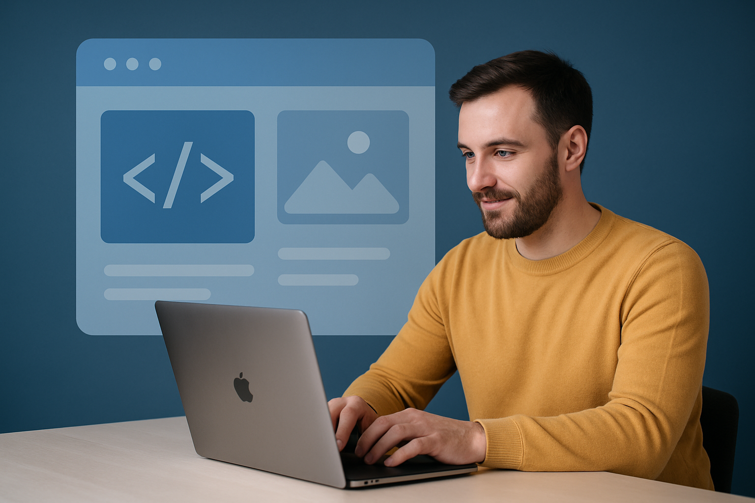 Mladý muž pracuje na tvorbe webovej stránky na notebooku v modernom pracovnom prostredí.